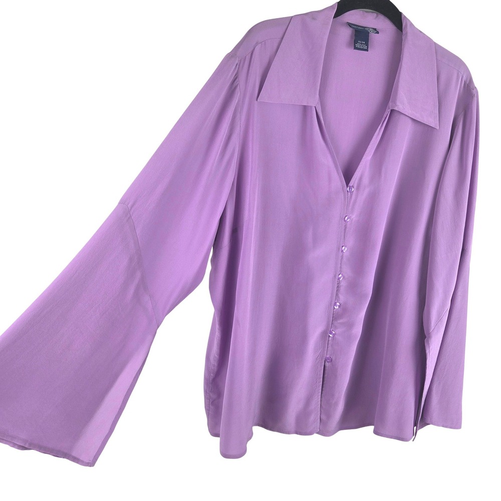 Venezia Jeans Purple Silk Button Up Long Flare Sleeve Blouse Size 22/24 Fairy